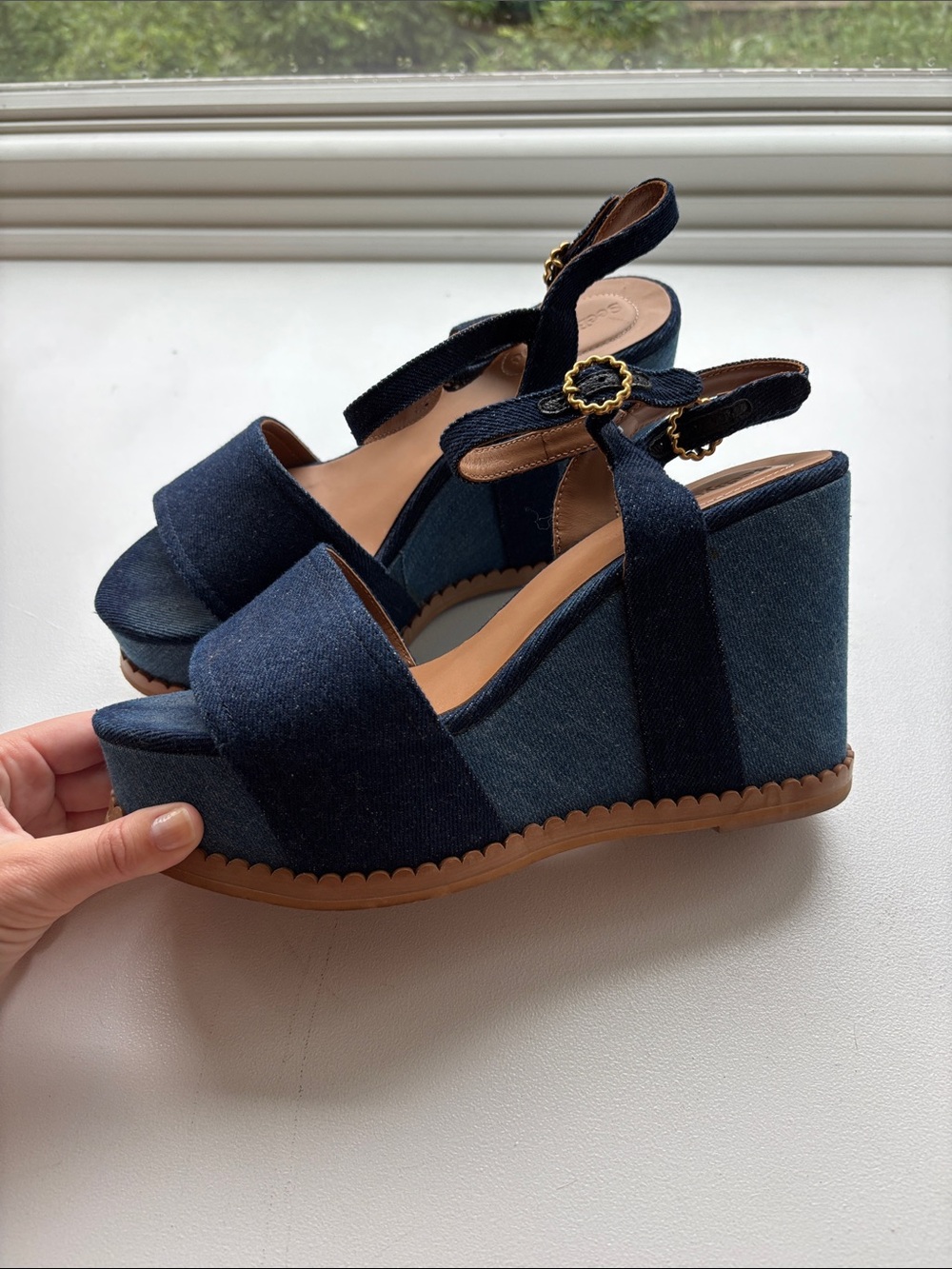See By Chloe Navy Denim Platform Wedge Sandals size 41 US 10.5